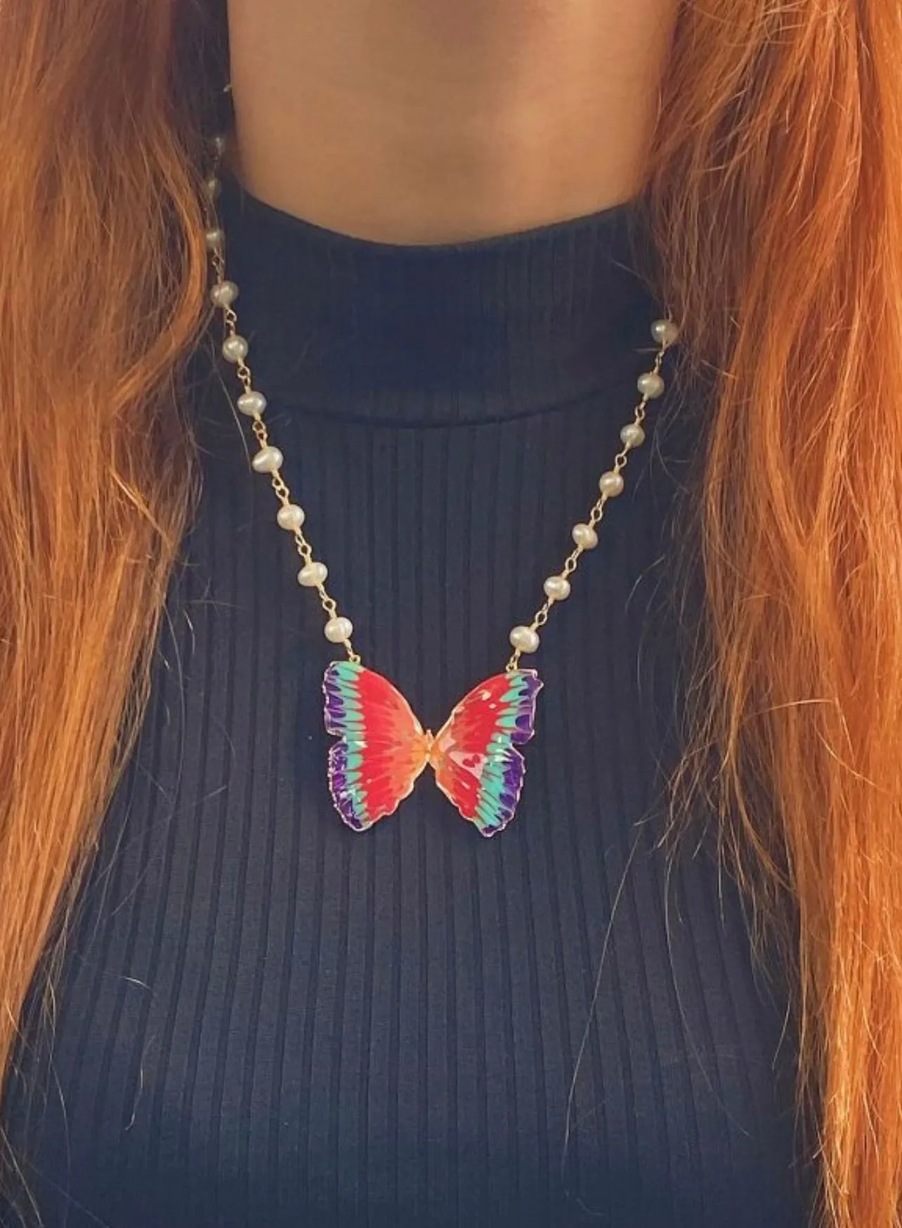 Italian Hand Painted Enamel Butterfly 18K Gold Plated Pearl Necklace