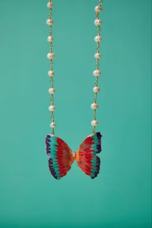 Italian Hand Painted Enamel Butterfly 18K Gold Plated Pearl Necklace