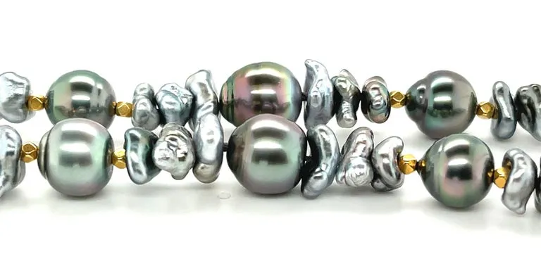Keshi and Baroque Black Pearl Necklace with 18k Yellow Gold Accents