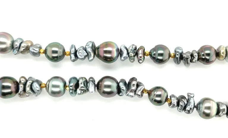 Keshi and Baroque Black Pearl Necklace with 18k Yellow Gold Accents