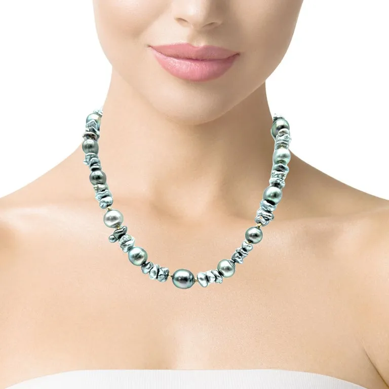 Keshi and Baroque Black Pearl Necklace with 18k Yellow Gold Accents