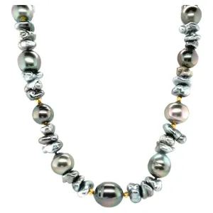 Keshi and Baroque Black Pearl Necklace with 18k Yellow Gold Accents