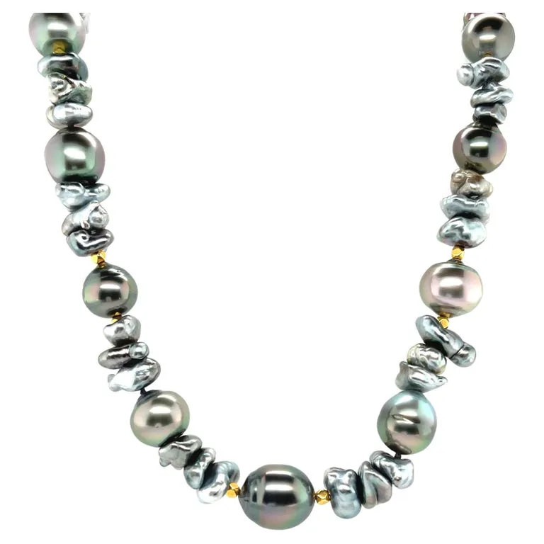 Keshi and Baroque Black Pearl Necklace with 18k Yellow Gold Accents