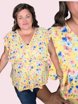Kimberly Faux Wrap Short Sleeve Top in Yellow Floral