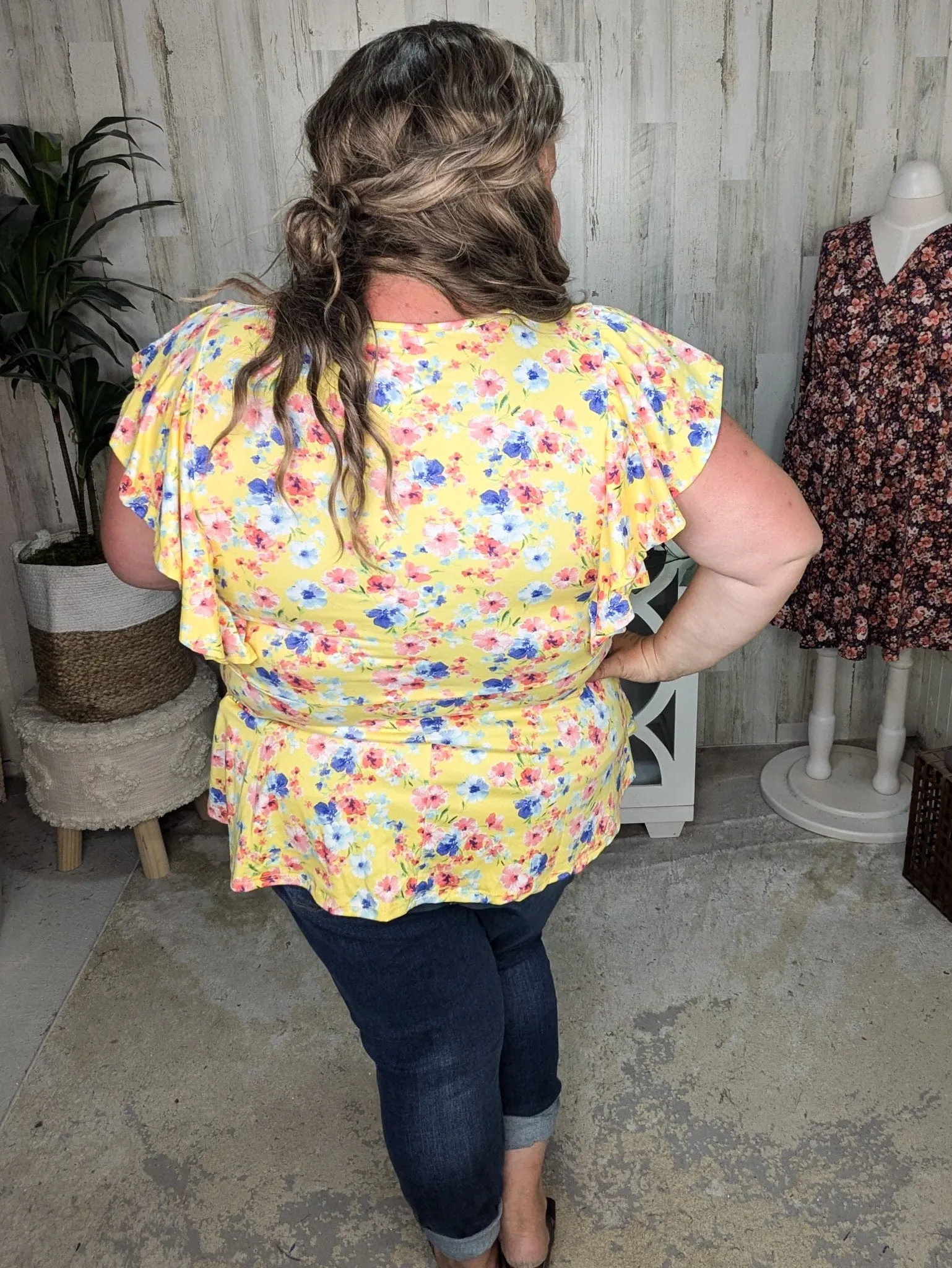 Kimberly Faux Wrap Short Sleeve Top in Yellow Floral