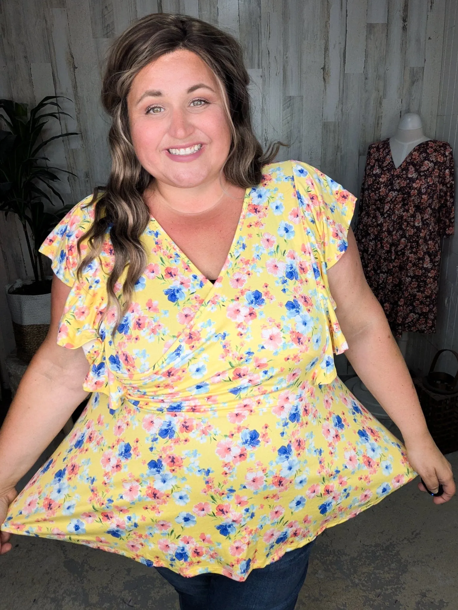 Kimberly Faux Wrap Short Sleeve Top in Yellow Floral