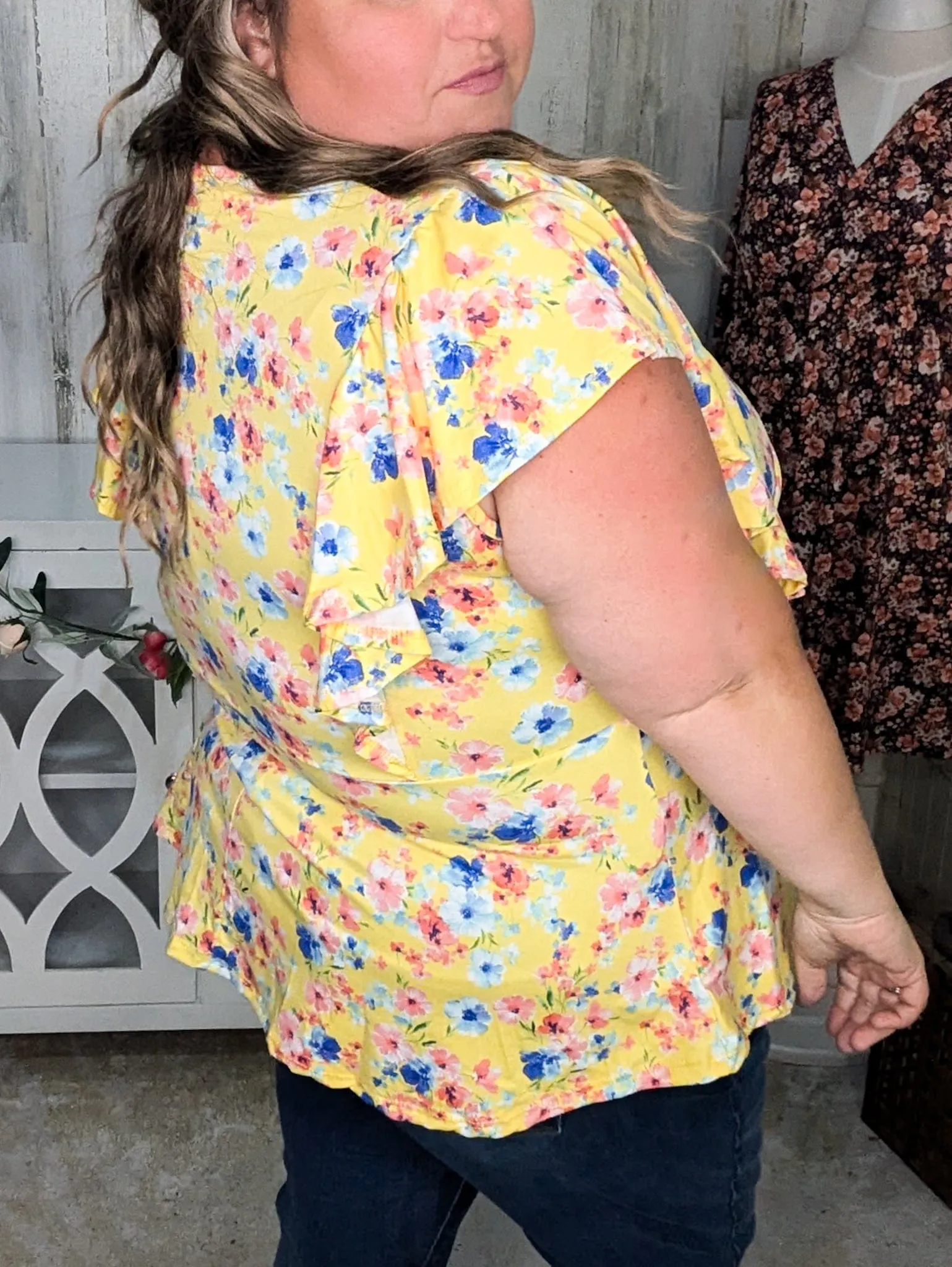 Kimberly Faux Wrap Short Sleeve Top in Yellow Floral