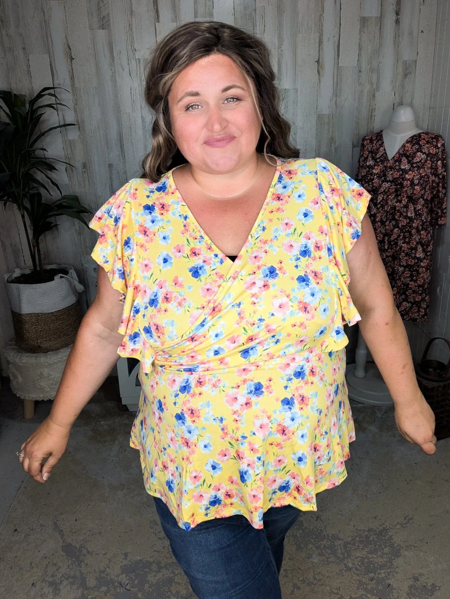 Kimberly Faux Wrap Short Sleeve Top in Yellow Floral