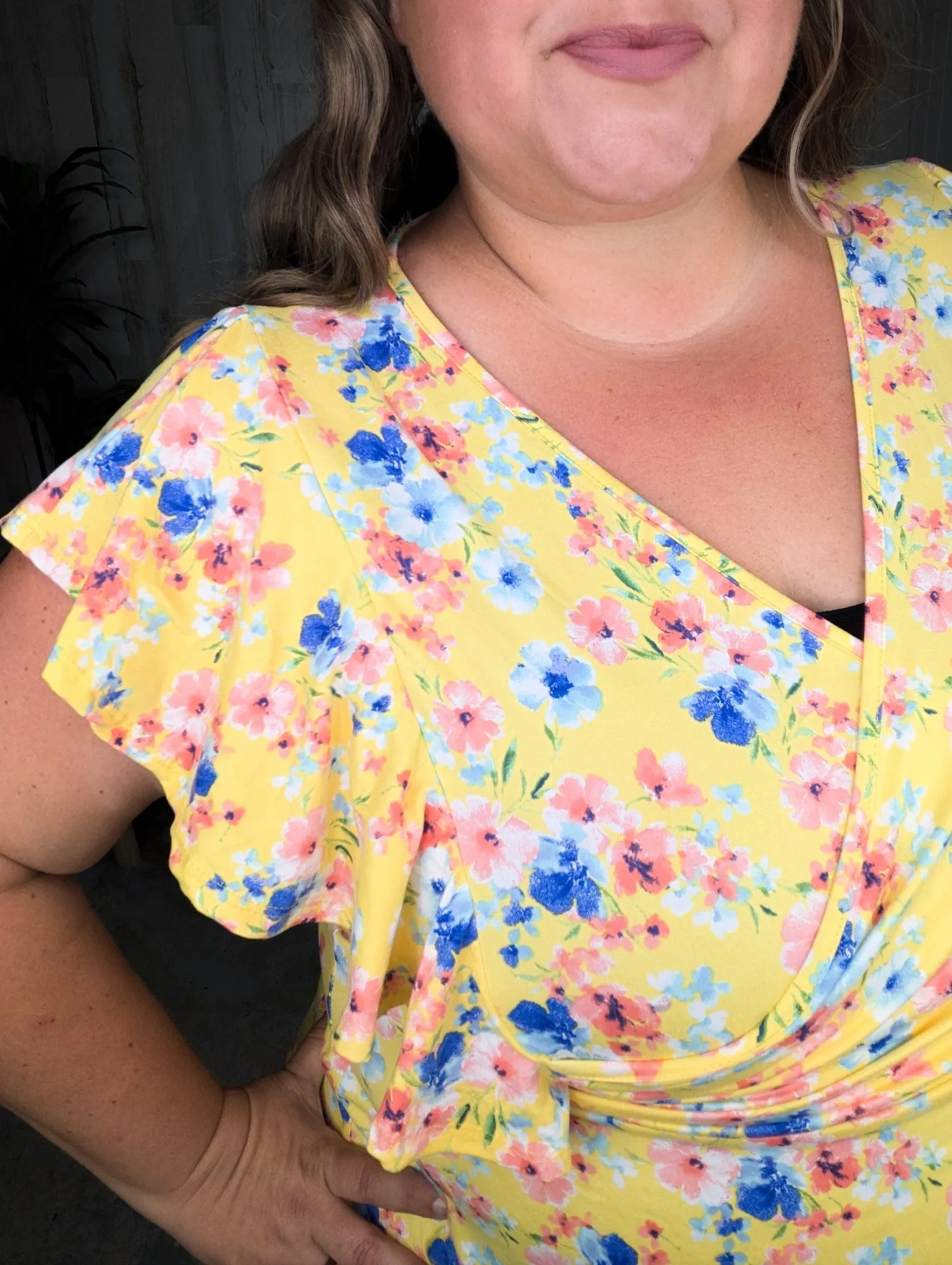 Kimberly Faux Wrap Short Sleeve Top in Yellow Floral