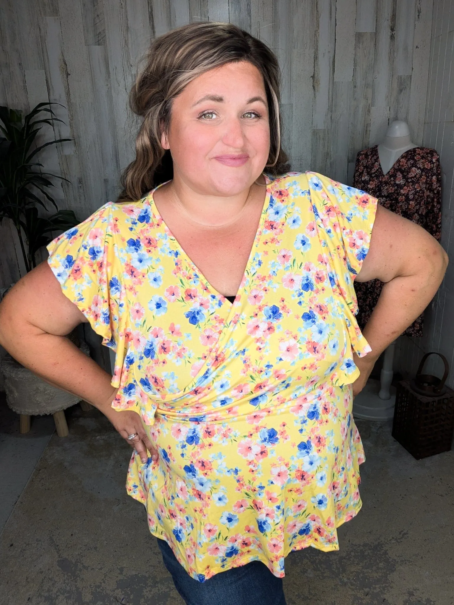 Kimberly Faux Wrap Short Sleeve Top in Yellow Floral