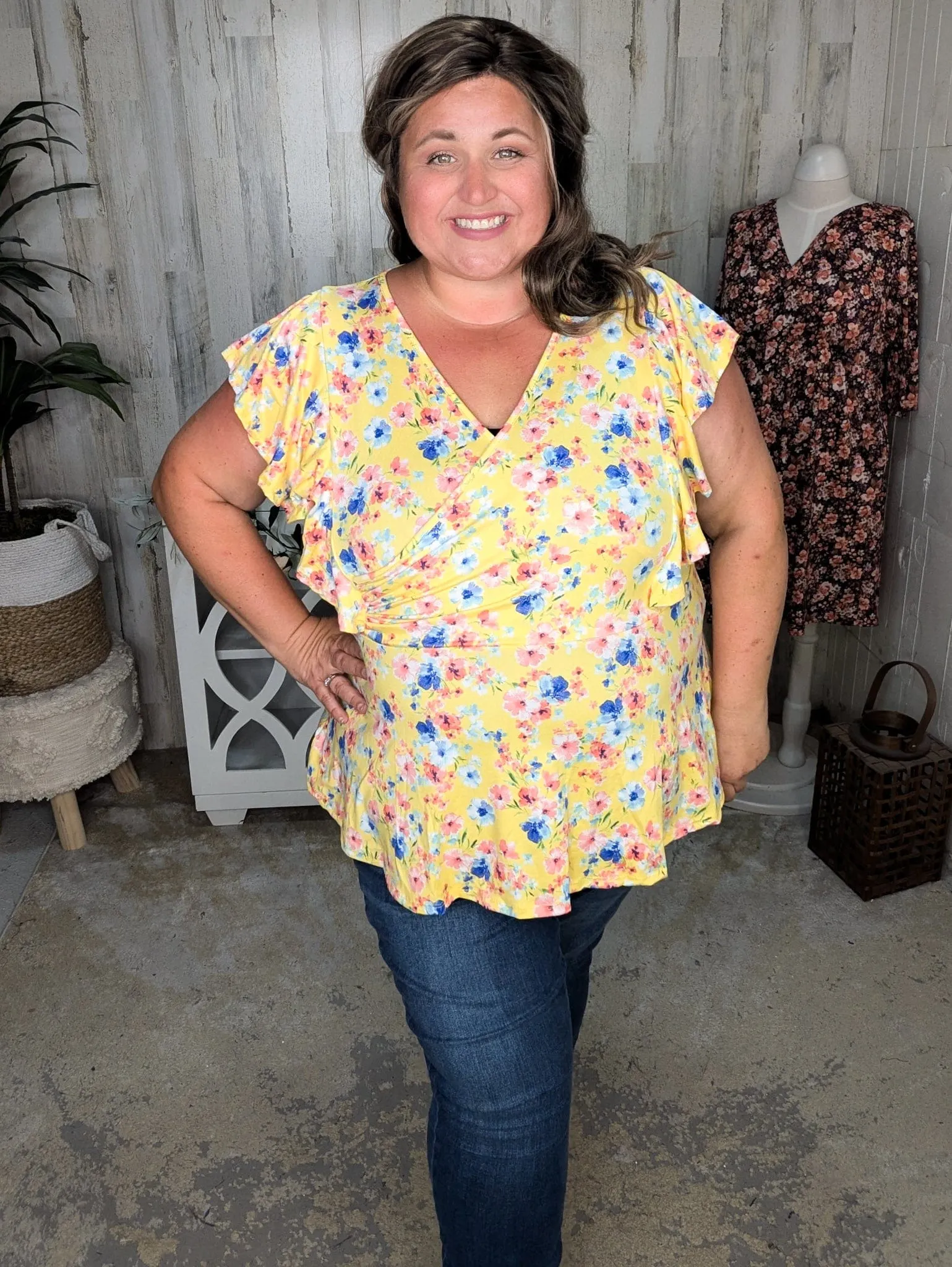 Kimberly Faux Wrap Short Sleeve Top in Yellow Floral