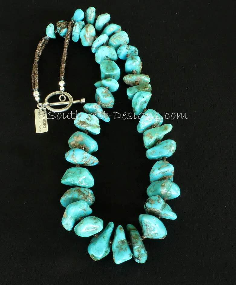 Kingman Turquoise Graduated Large Nugget Necklace with Olive Shell Heishi and Sterling Silver