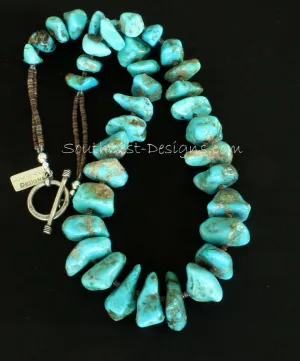 Kingman Turquoise Graduated Large Nugget Necklace with Olive Shell Heishi and Sterling Silver