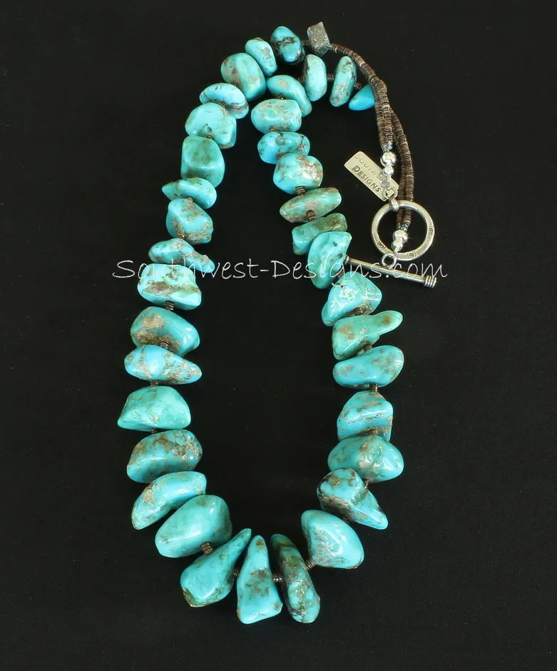 Kingman Turquoise Graduated Large Nugget Necklace with Olive Shell Heishi and Sterling Silver