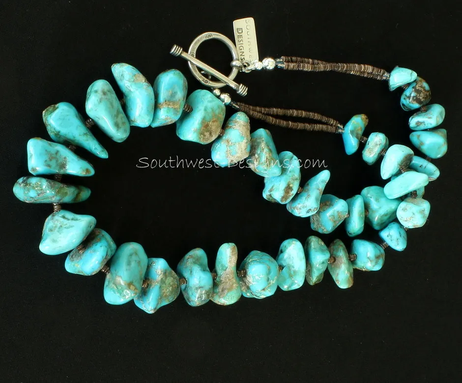 Kingman Turquoise Graduated Large Nugget Necklace with Olive Shell Heishi and Sterling Silver