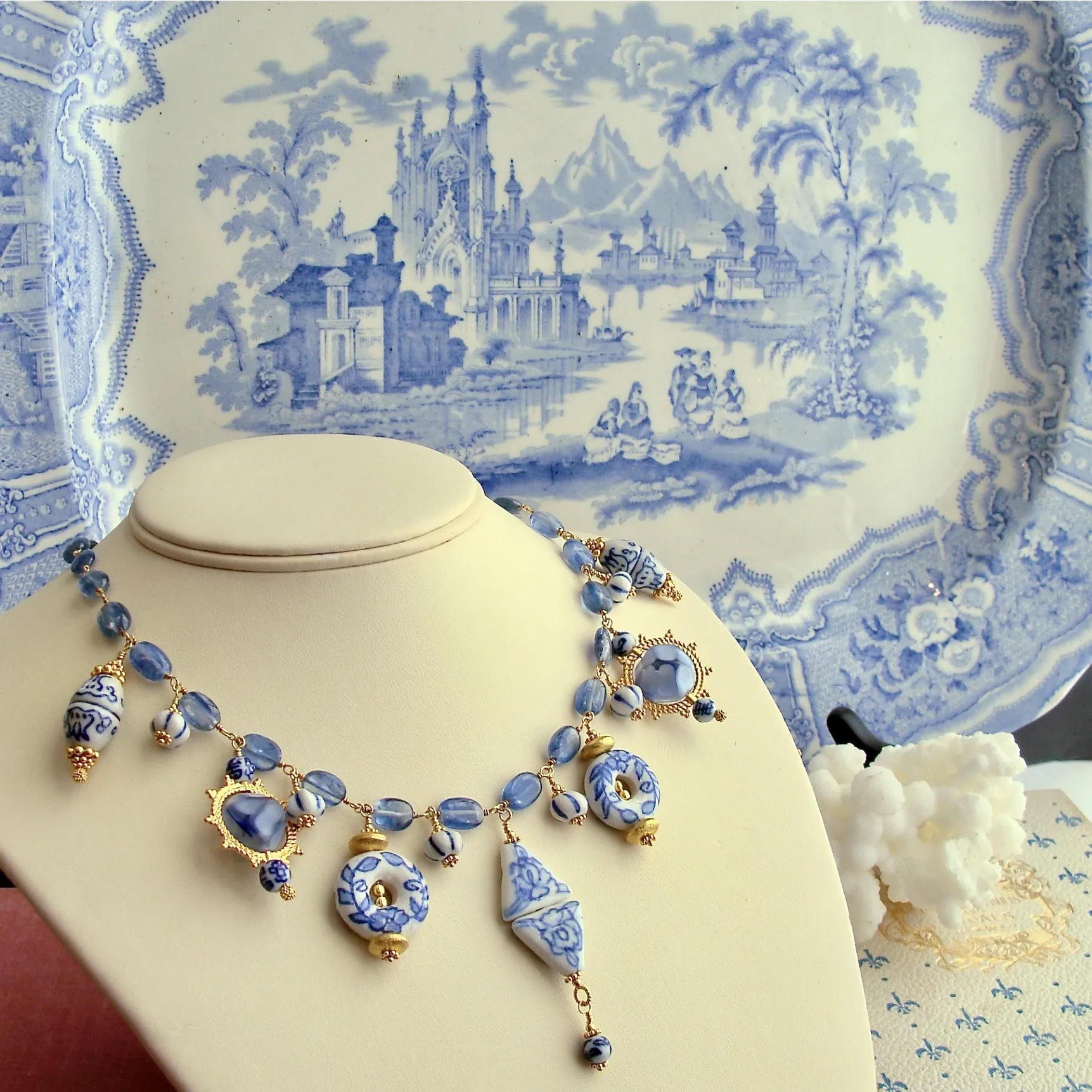 Kyanite Blue White Porcelain Bead Charm Necklace - Bluebelle III Necklace