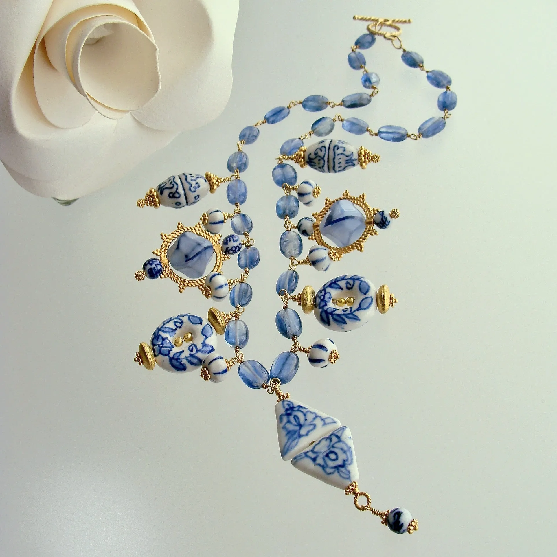 Kyanite Blue White Porcelain Bead Charm Necklace - Bluebelle III Necklace
