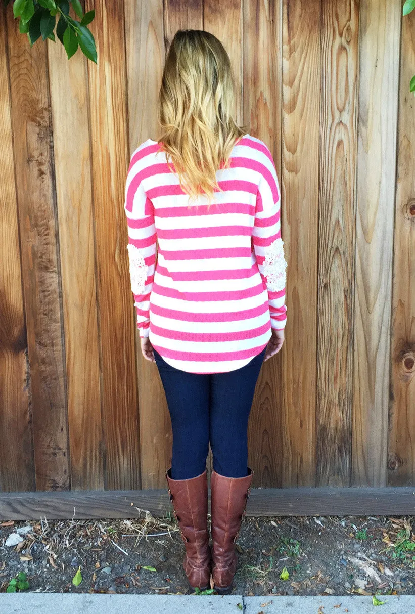 Lace Crochet Elbow Stripe Top-2 Colors!