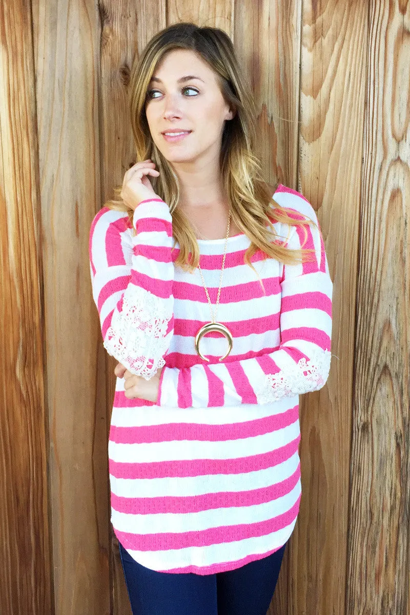 Lace Crochet Elbow Stripe Top-2 Colors!