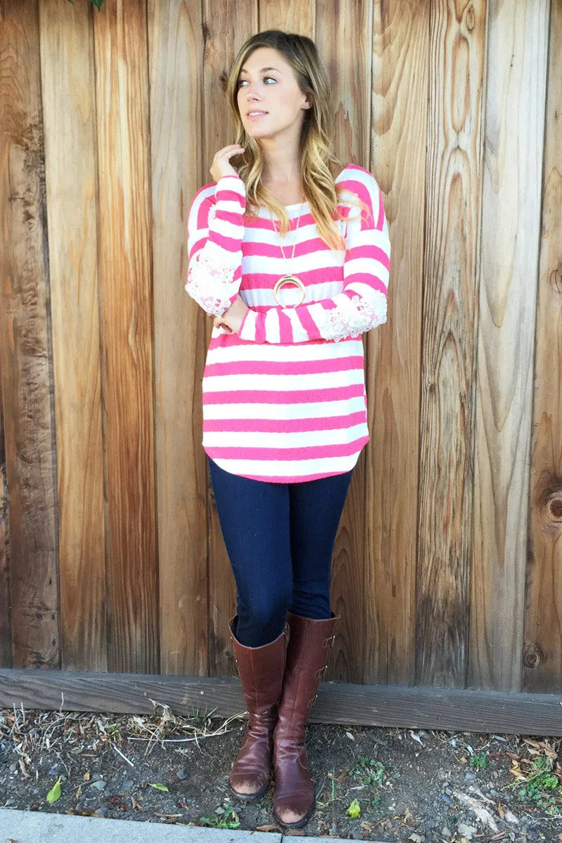Lace Crochet Elbow Stripe Top-2 Colors!