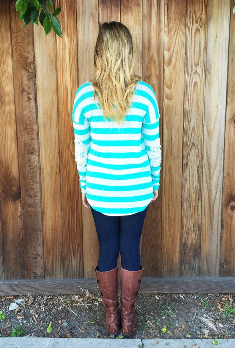 Lace Crochet Elbow Stripe Top-2 Colors!