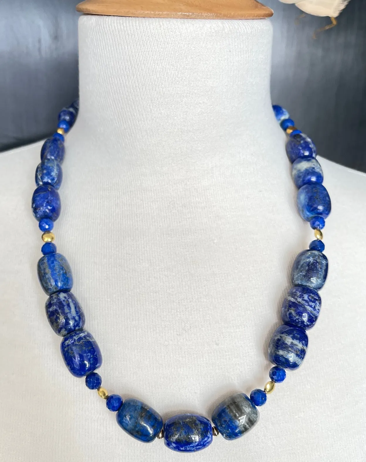 Lapis Lazuli Barrel Shaped Beaded Necklace with Yellow Gold Accents