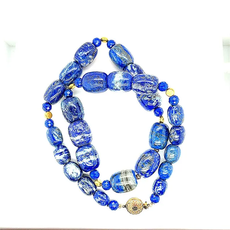 Lapis Lazuli Barrel Shaped Beaded Necklace with Yellow Gold Accents