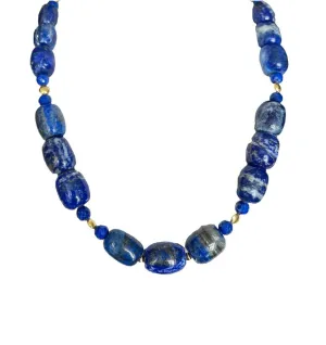Lapis Lazuli Barrel Shaped Beaded Necklace with Yellow Gold Accents
