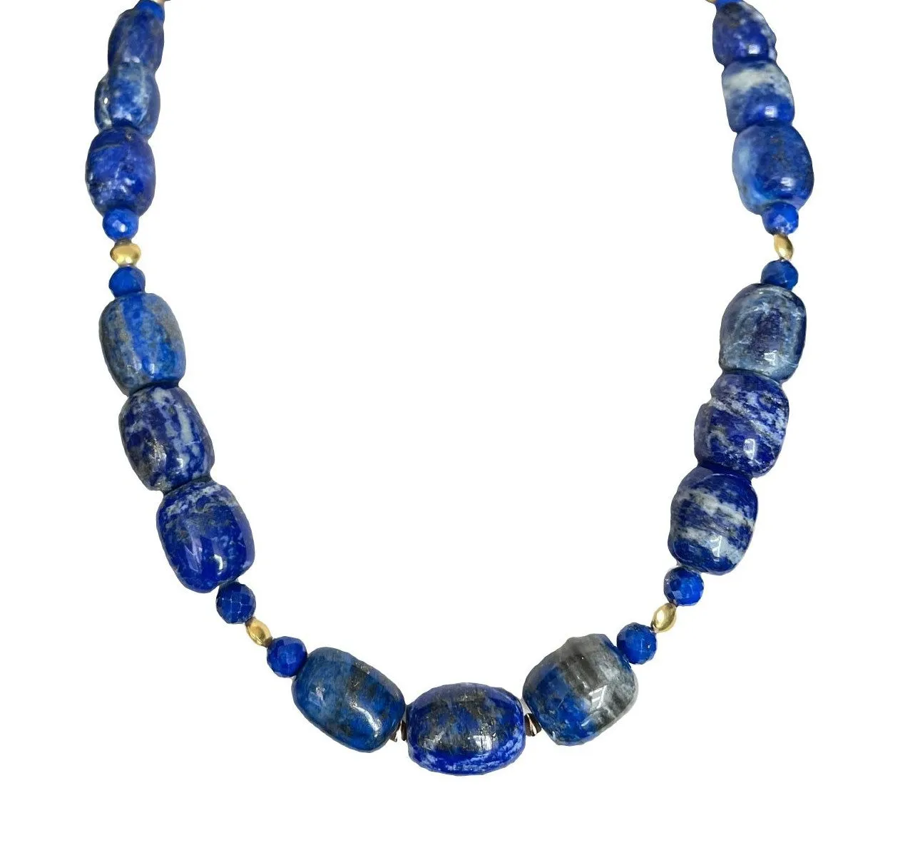 Lapis Lazuli Barrel Shaped Beaded Necklace with Yellow Gold Accents