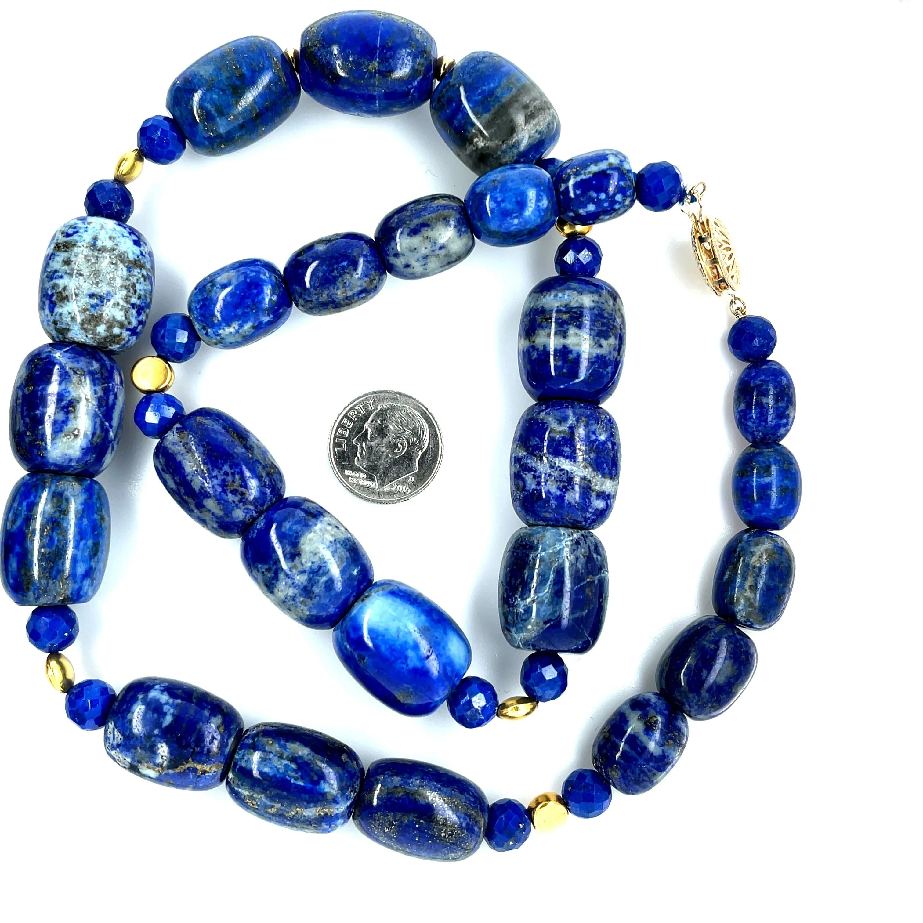 Lapis Lazuli Barrel Shaped Beaded Necklace with Yellow Gold Accents