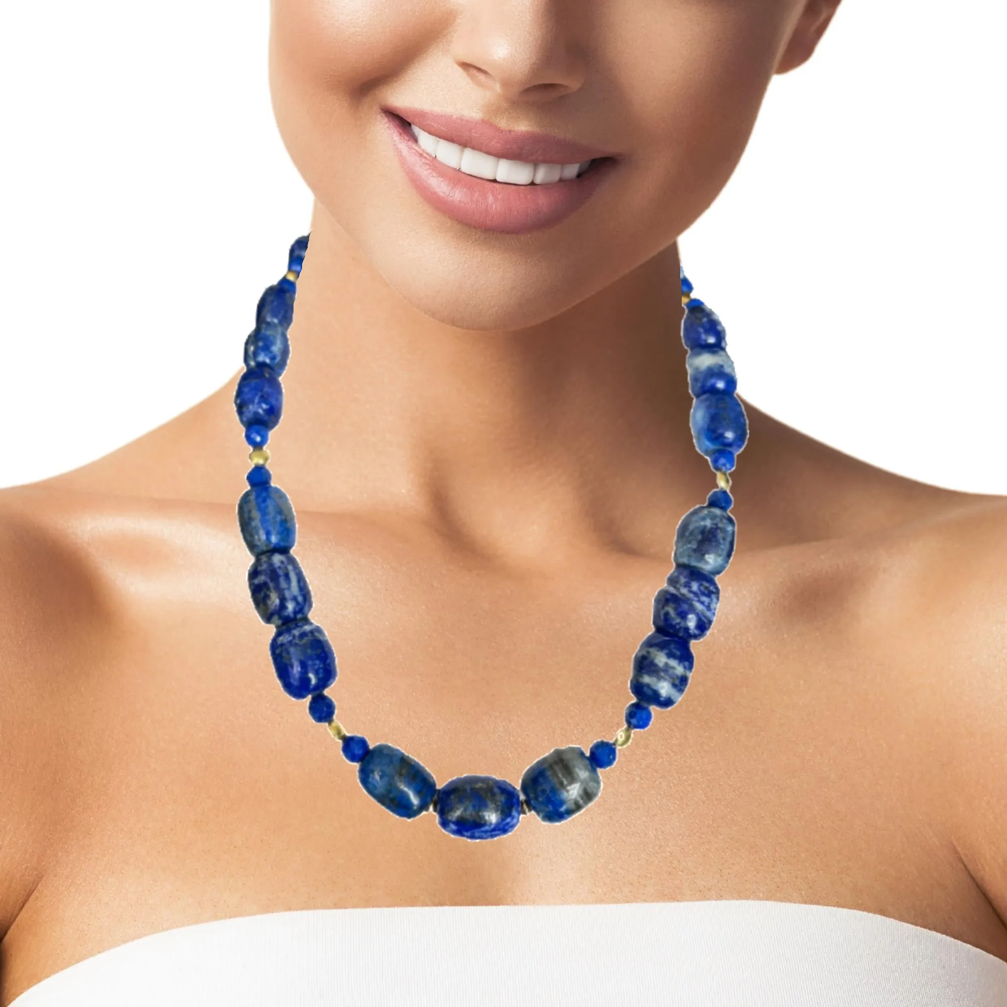 Lapis Lazuli Barrel Shaped Beaded Necklace with Yellow Gold Accents