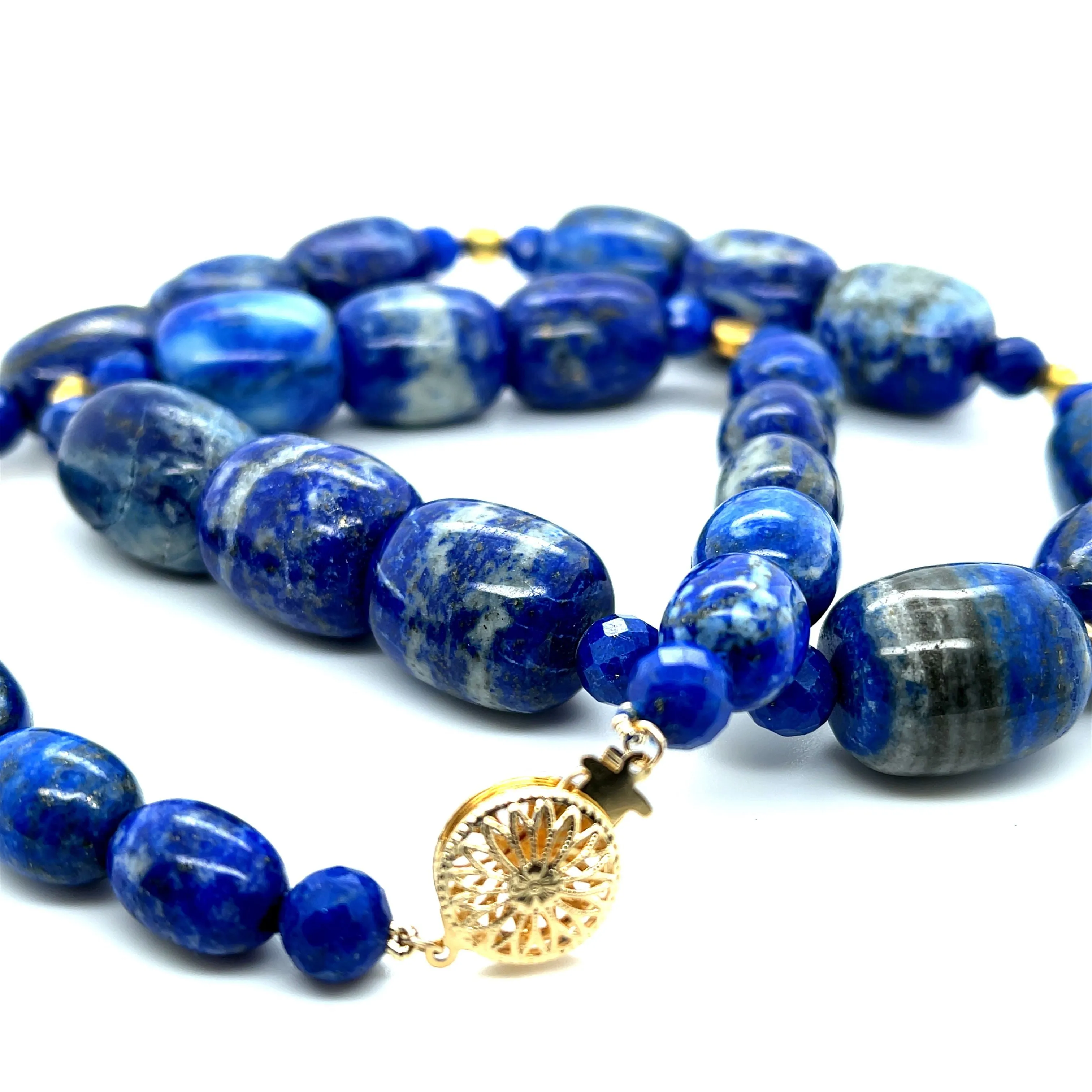 Lapis Lazuli Barrel Shaped Beaded Necklace with Yellow Gold Accents