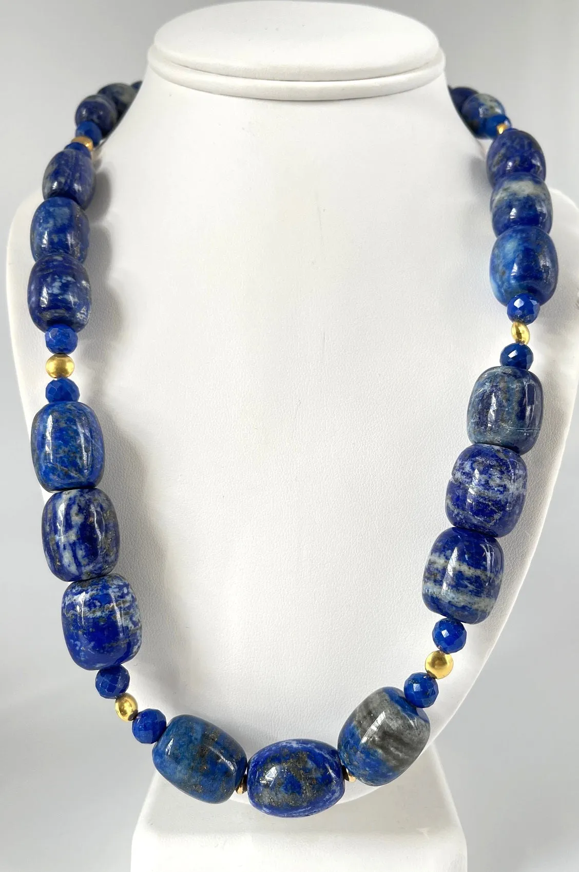Lapis Lazuli Barrel Shaped Beaded Necklace with Yellow Gold Accents