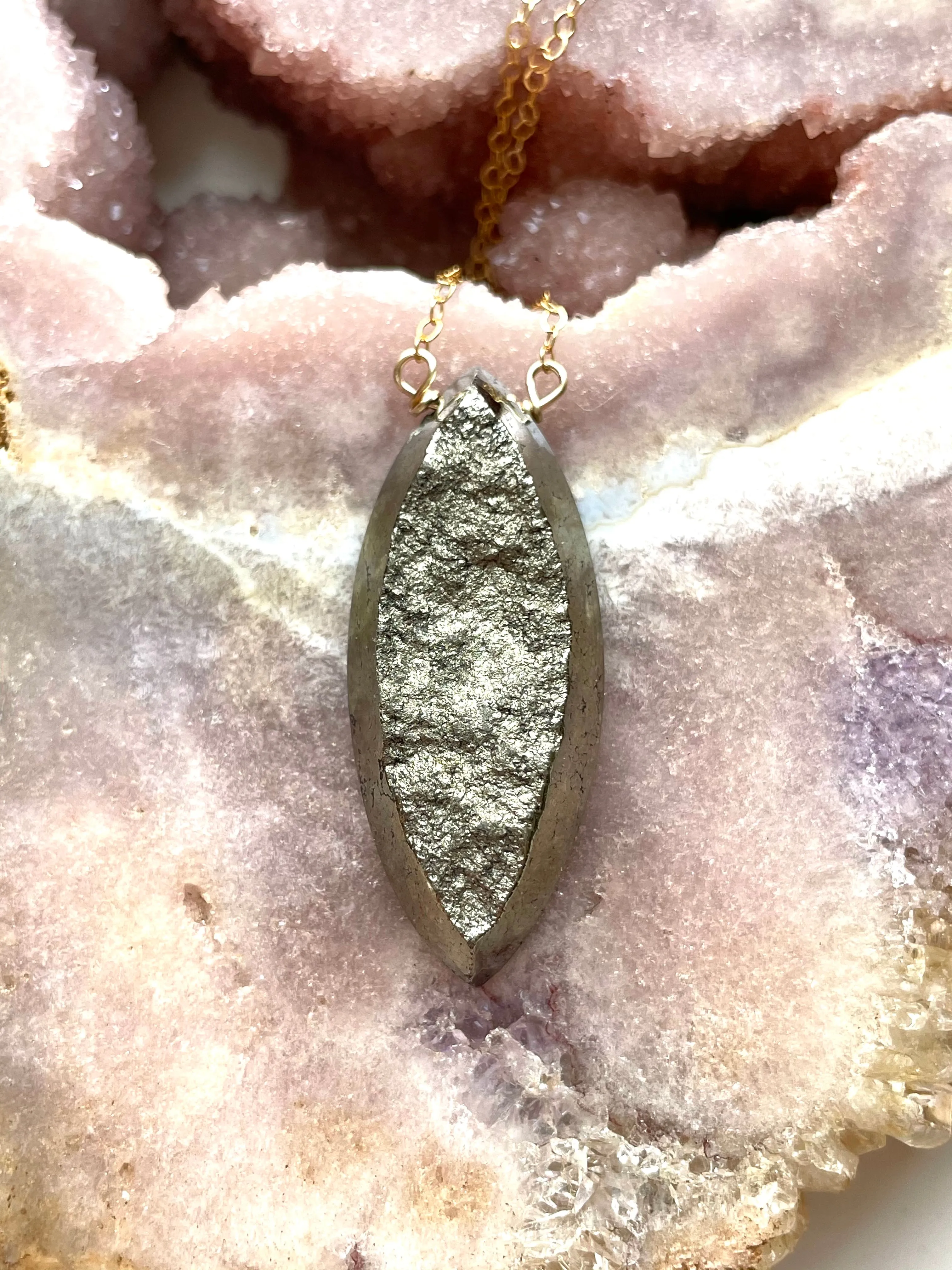 Large pyrite statement necklace 16” gold fill chain