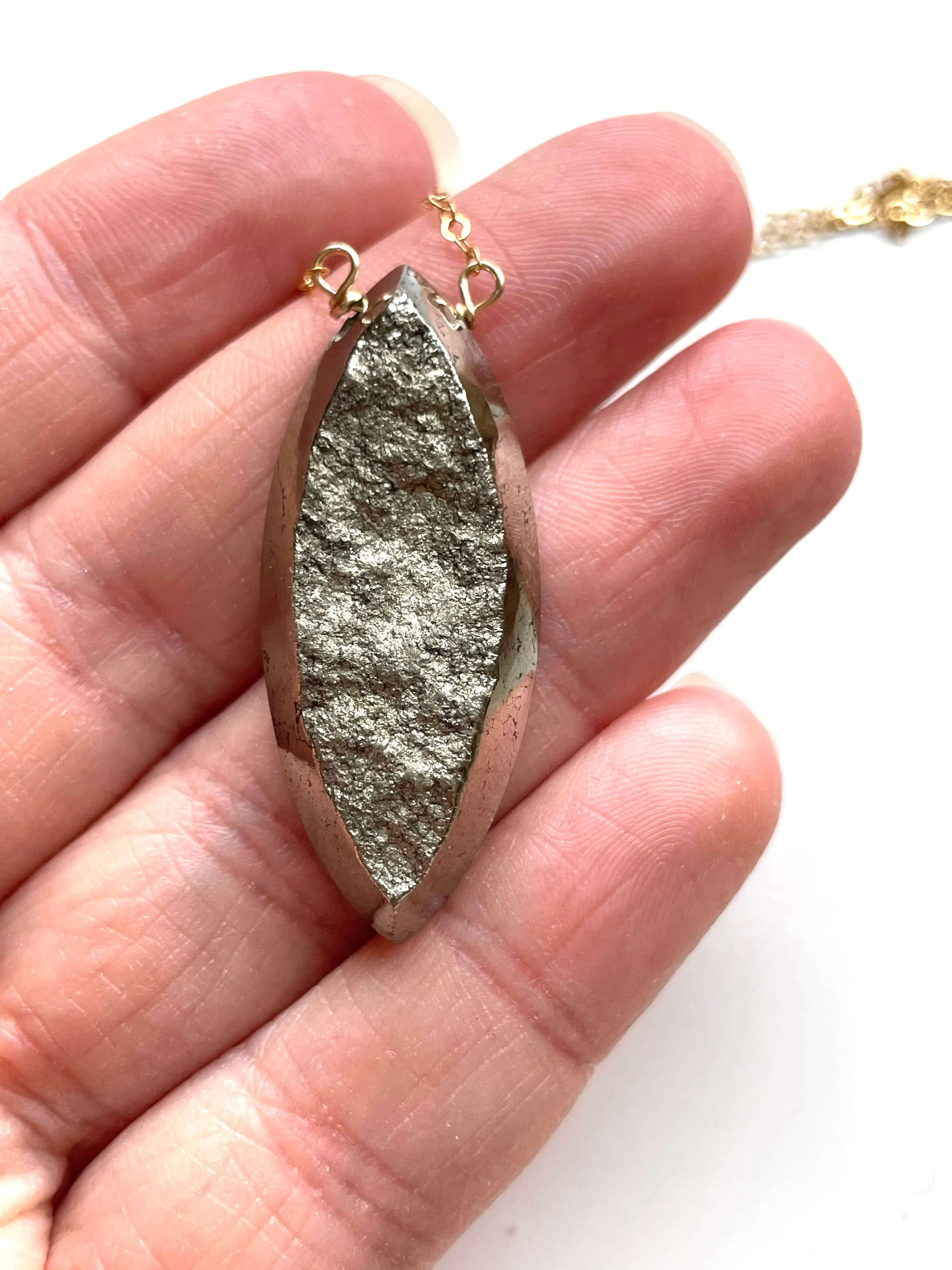 Large pyrite statement necklace 16” gold fill chain