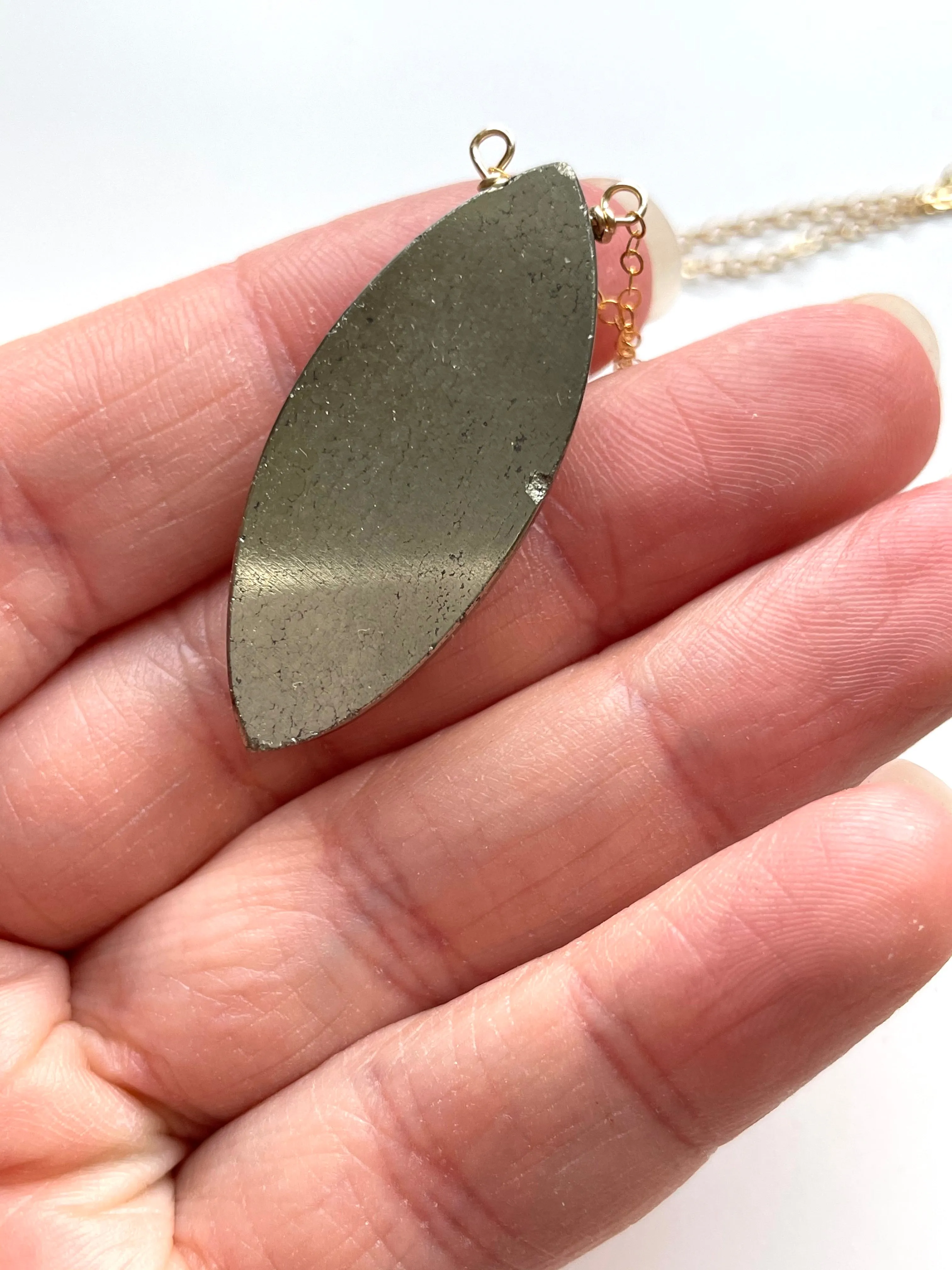 Large pyrite statement necklace 16” gold fill chain