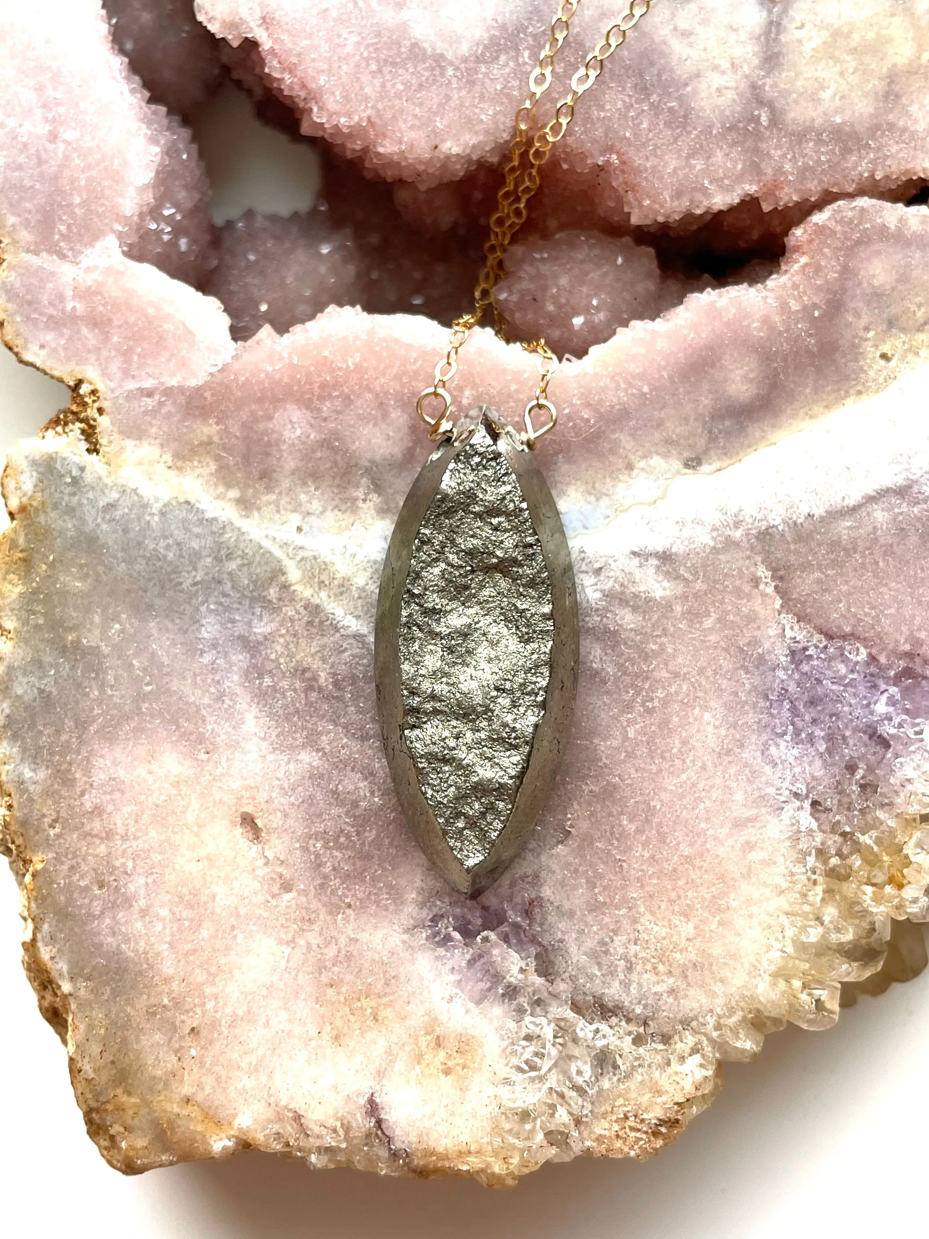 Large pyrite statement necklace 16” gold fill chain
