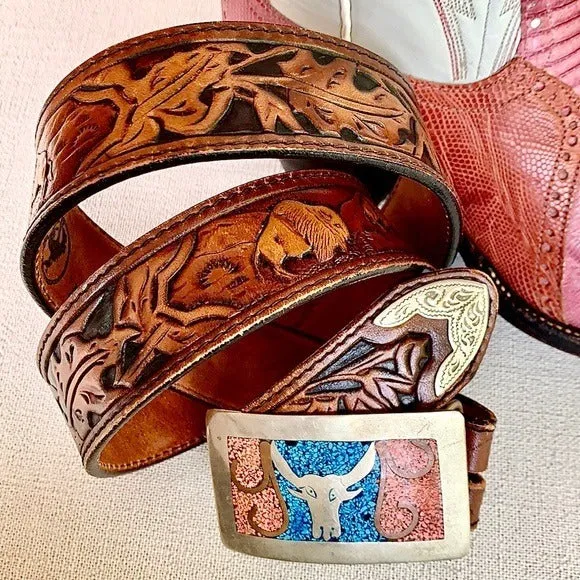 LARRY MAHAN Vintage Tooled Leather Belt Silver Turquoise Western Belt Buckle