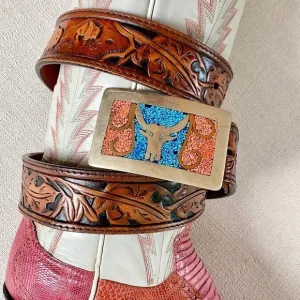 LARRY MAHAN Vintage Tooled Leather Belt Silver Turquoise Western Belt Buckle
