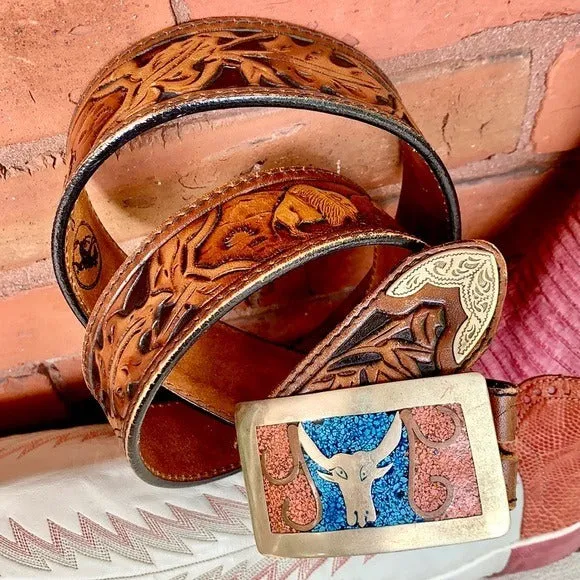 LARRY MAHAN Vintage Tooled Leather Belt Silver Turquoise Western Belt Buckle