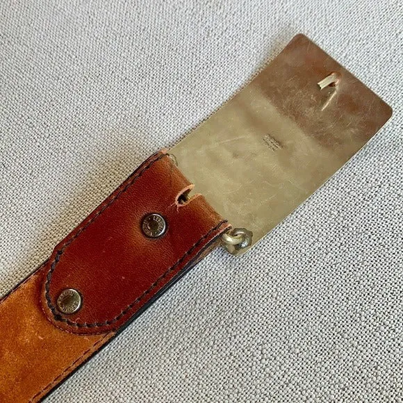 LARRY MAHAN Vintage Tooled Leather Belt Silver Turquoise Western Belt Buckle