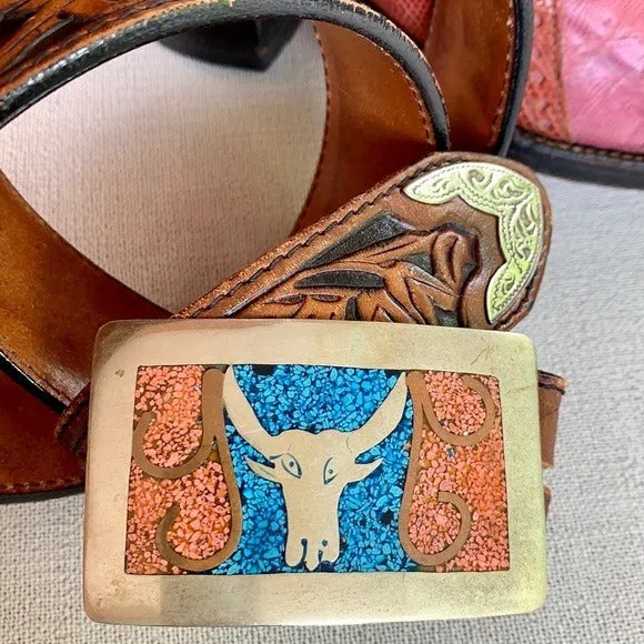 LARRY MAHAN Vintage Tooled Leather Belt Silver Turquoise Western Belt Buckle