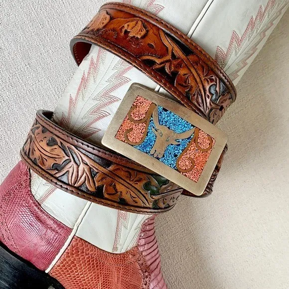 LARRY MAHAN Vintage Tooled Leather Belt Silver Turquoise Western Belt Buckle
