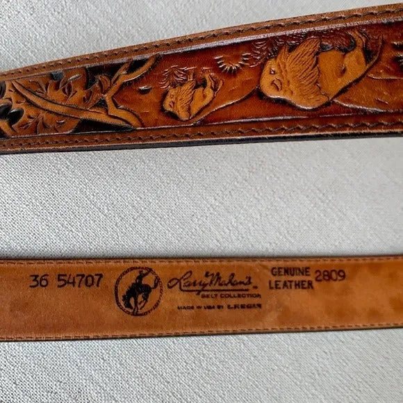 LARRY MAHAN Vintage Tooled Leather Belt Silver Turquoise Western Belt Buckle
