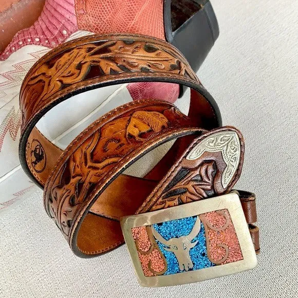 LARRY MAHAN Vintage Tooled Leather Belt Silver Turquoise Western Belt Buckle