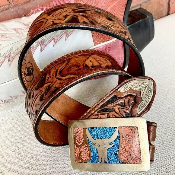 LARRY MAHAN Vintage Tooled Leather Belt Silver Turquoise Western Belt Buckle
