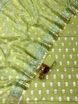 Leaf Green Banarasi Soft Silk Salwar Kameez with Dupatta (Unstitched)