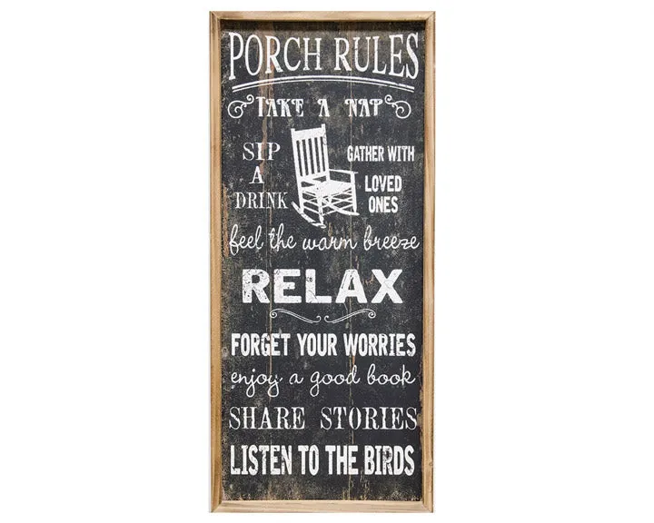 Long rustic 'Porch Rules' black wooden sign