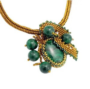 Malachite Stone  Bead Woven Japanese 24K Real Gold Plated Handmade Necklace.