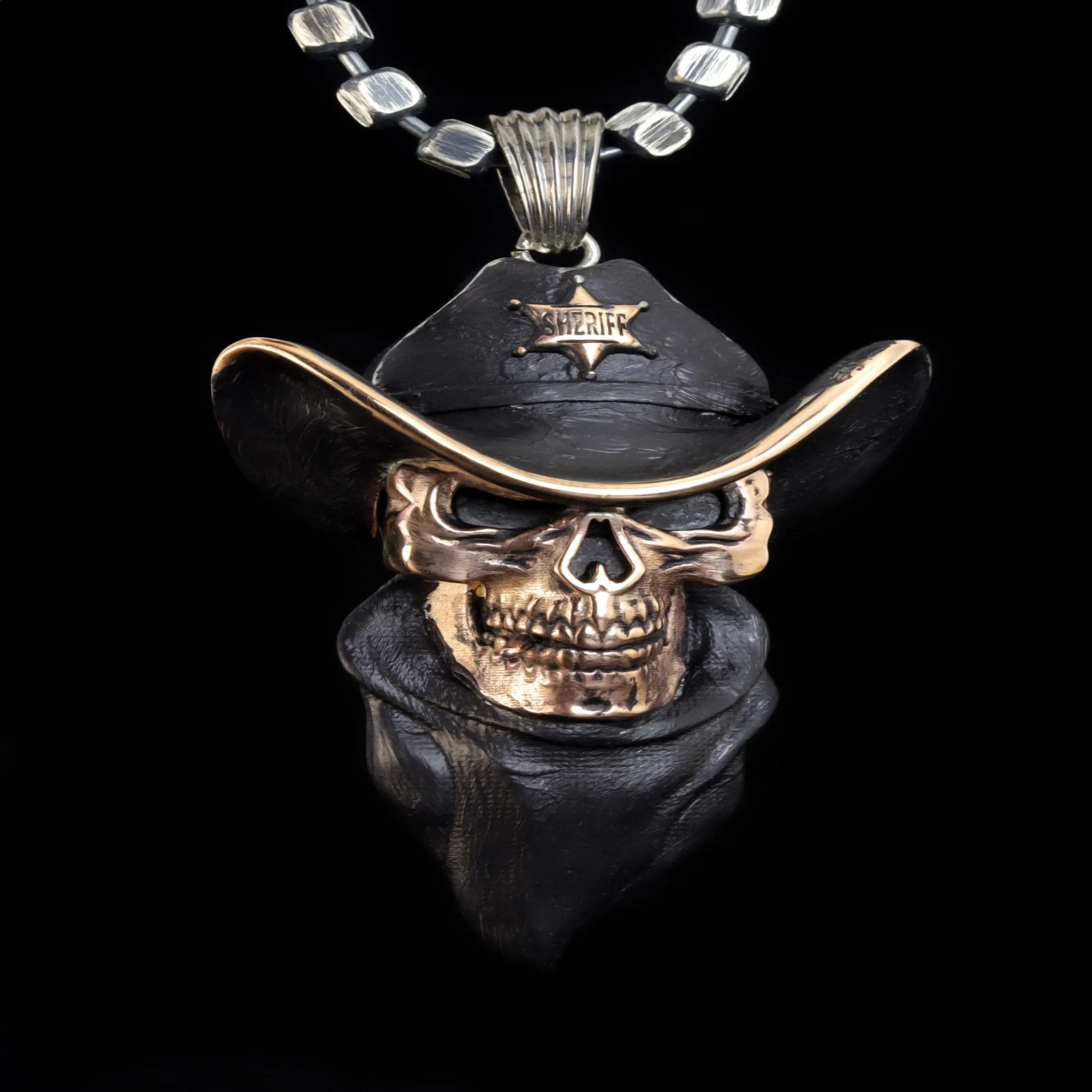 Men's Memento Mori Skull Sheriff Necklace in Sterling Silver